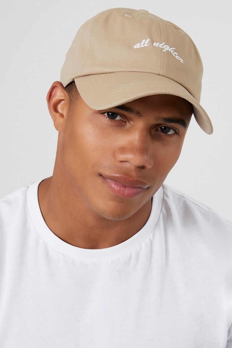 Forever 21 Men's All Nighter Embroidered Dad Cap Taupe/White
