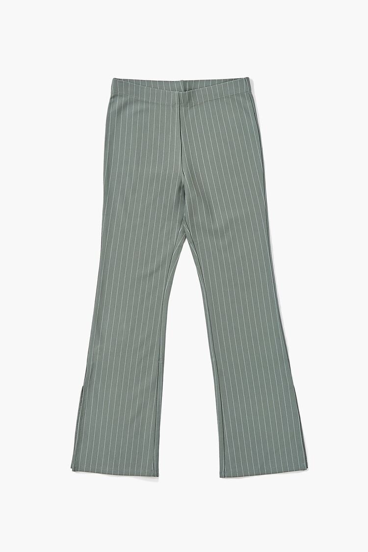 Forever 21 Girls Pinstriped Flare Pants (Kids) Olive/White