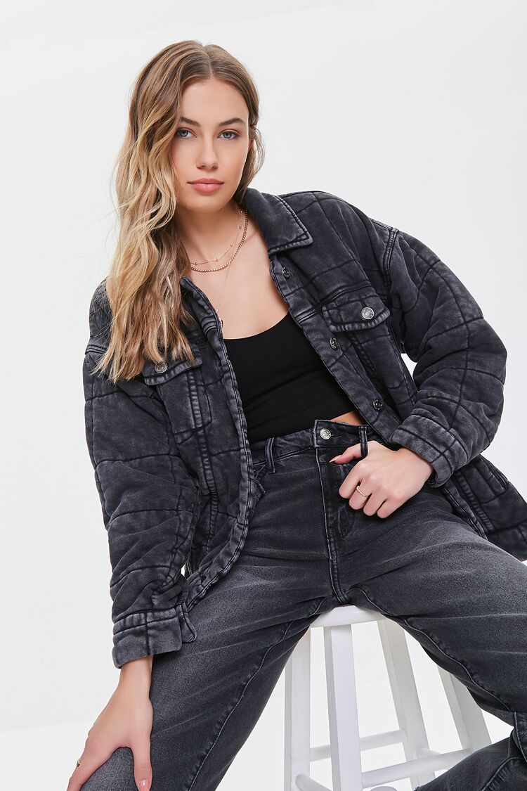 Forever 21 Women's Mineral Wash Quilted Jacket Washed Black