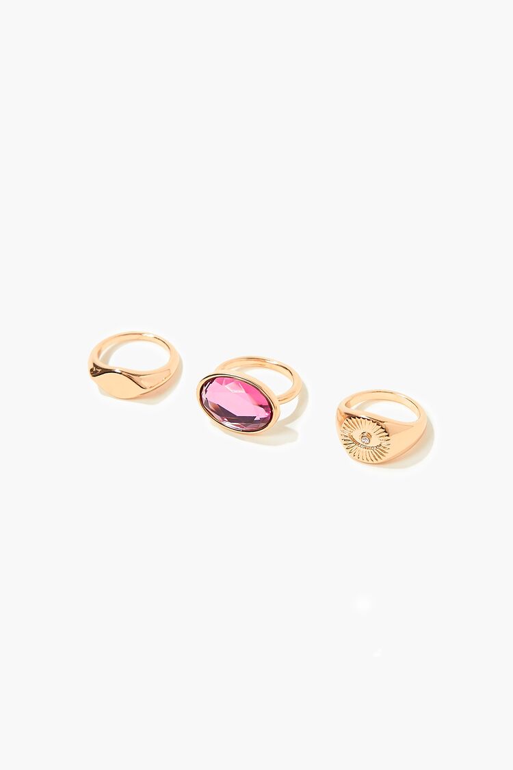 Forever 21 Women's Engraved & Faux Gem Ring Set Gold/Pink