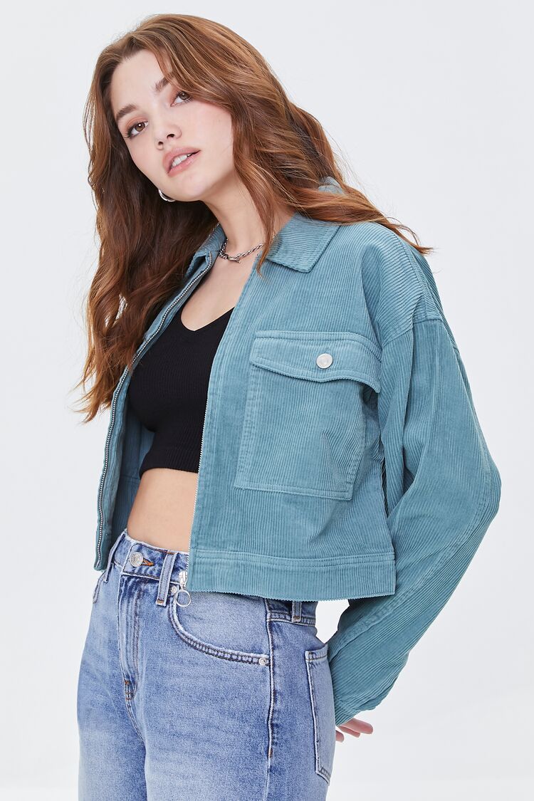 Forever 21 Women's Corduroy Zip-Up Cropped Jacket Patina