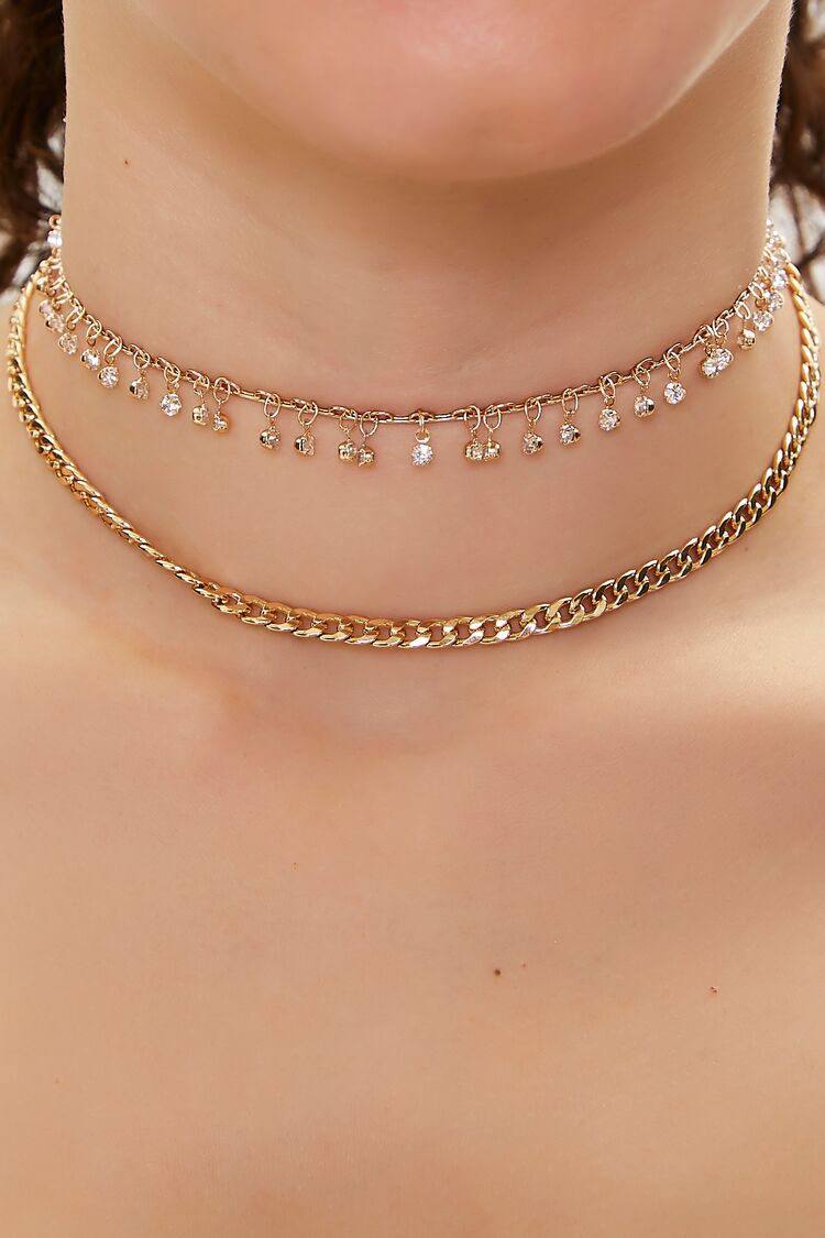 Forever 21 Women's Faux Gem Charm Choker Necklace Set Gold/Clear
