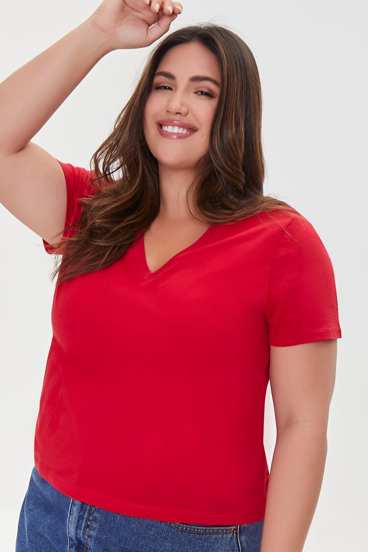 Forever 21 Plus Women's Basic V-Neck T-Shirt Red