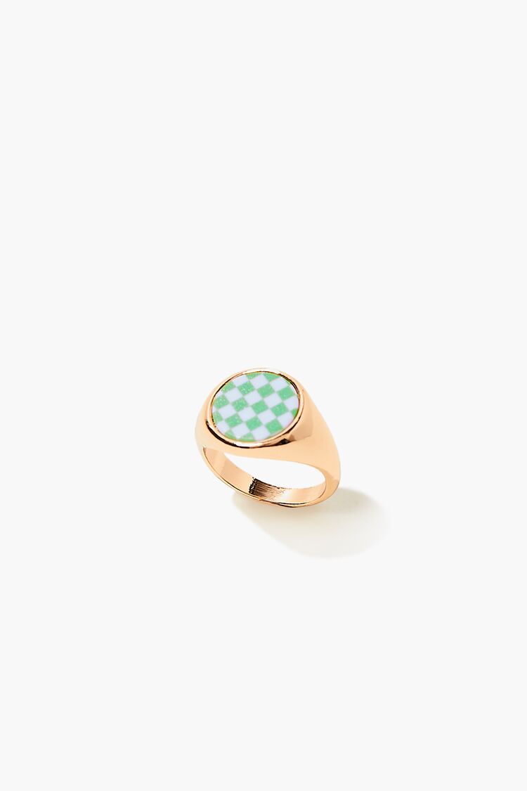 Forever 21 Women's Checkered Cocktail Ring Gold/Green