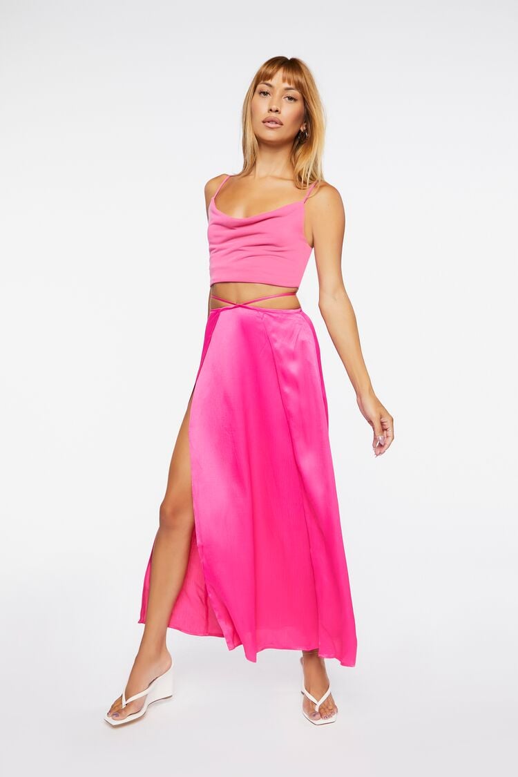 Forever 21 Women's Satin Cutout Slit Maxi Skirt Shocking Pink