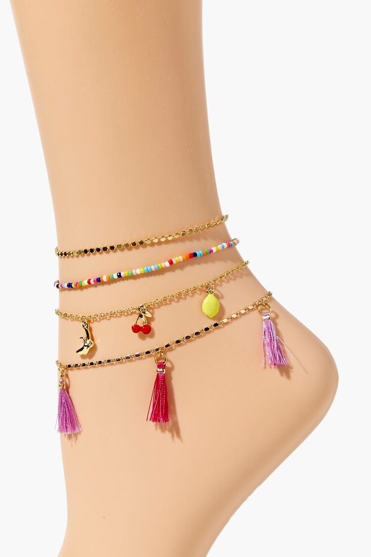 Forever 21 Women's Cherry Charm Chain Anklet Set Gold/Red
