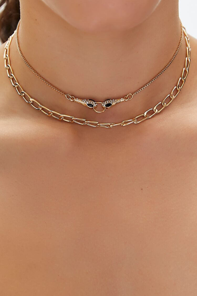Forever 21 Women's Rhinestone Snake Choker Necklace Set Gold