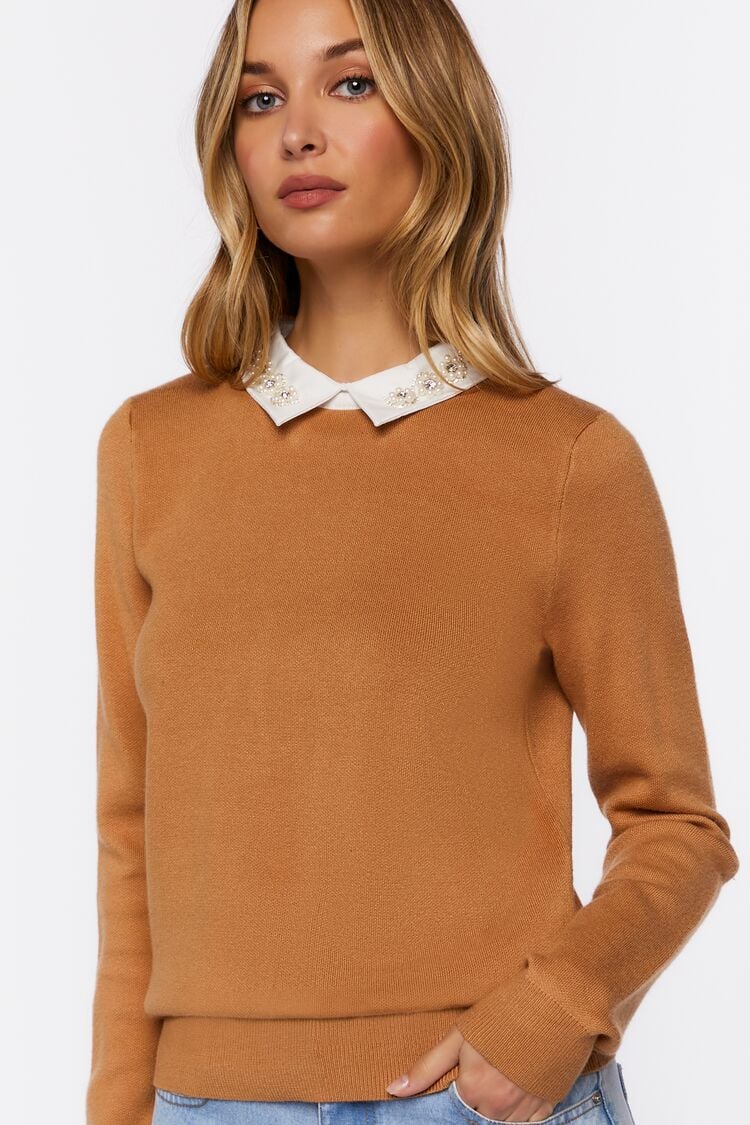 Forever 21 Knit Women's Faux Gem-Collar Sweater Camel/White