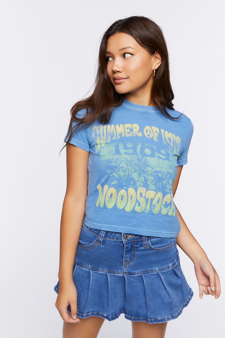 Forever 21 Women's Woodstock Graphic Baby T-Shirt Teal/Multi
