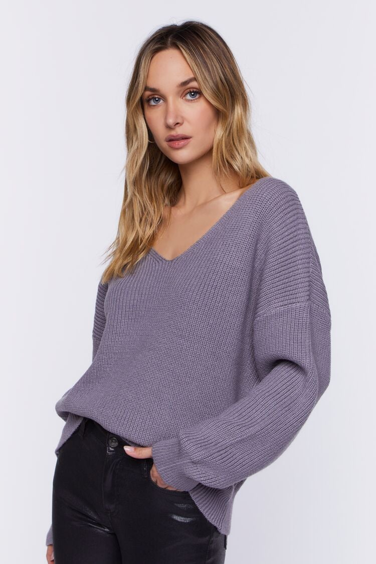 Forever 21 Knit Women's Ribbed Drop-Sleeve Sweater Grey