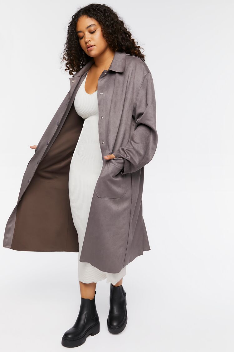 Forever 21 Plus Women's Faux Suede Longline Coat Steeple Grey