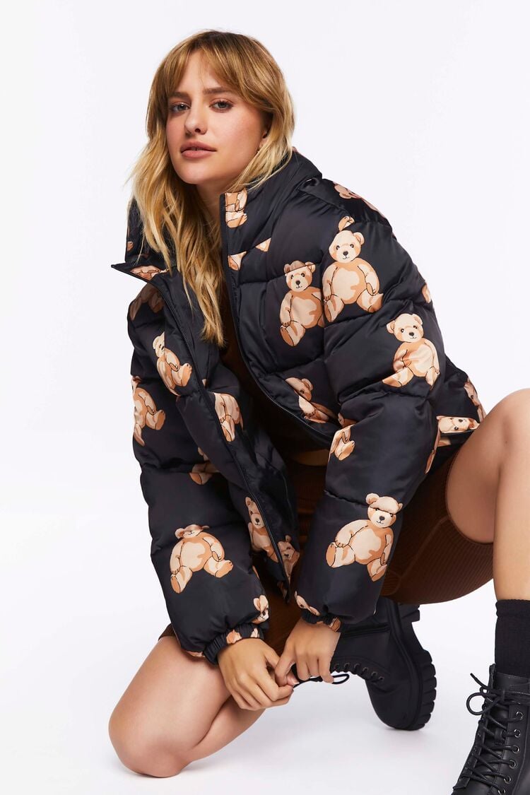 Forever 21 Women's Teddy Bear Print Puffer Bubble Coat Jacket Black/Multi