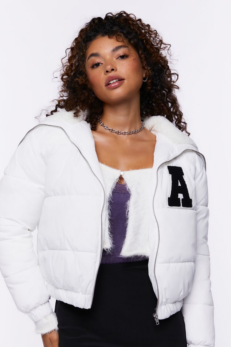 Forever 21 Women's Varsity-Letter Puffer Bubble Coat Jacket White