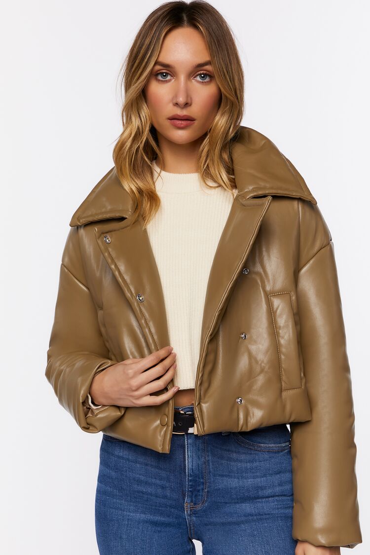 Forever 21 Women's Faux Leather/Pleather Foldover Puffer Bubble Coat Jacket Taupe