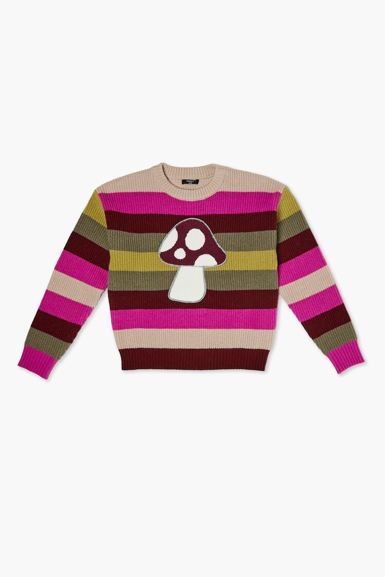 Forever 21 Knit Girls Striped Mushroom Graphic Sweater (Kids) Pink/Multi