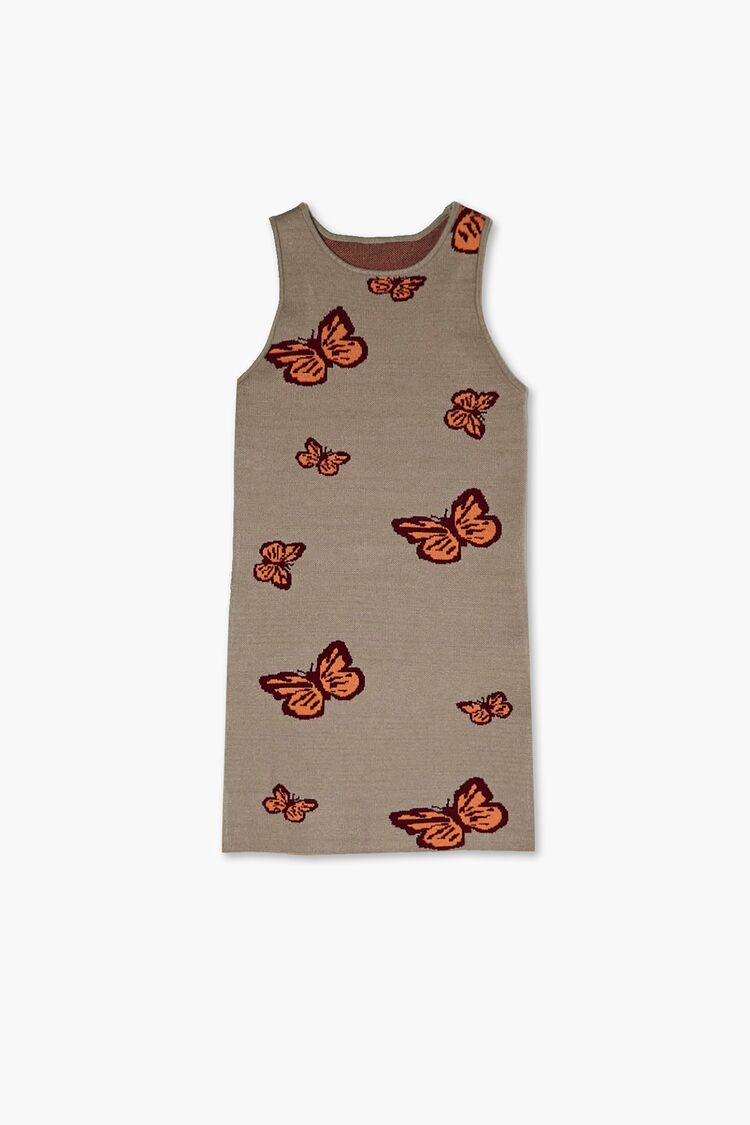 Forever 21 Knit Girls Butterfly Print Sweater Winter Dress (Kids) Olive/Multi