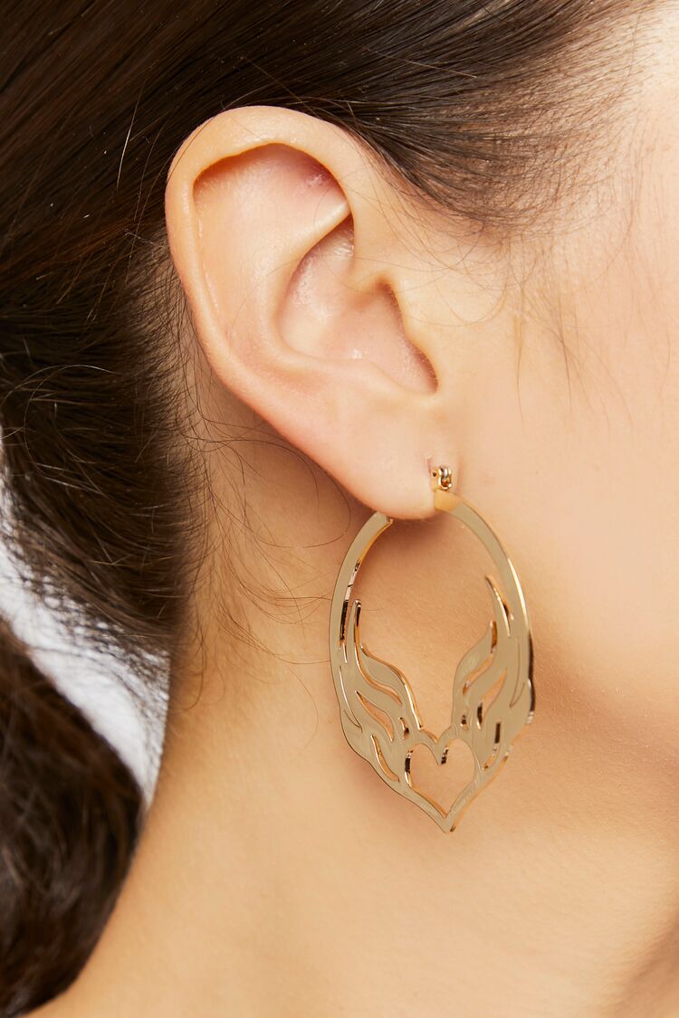 Forever 21 Women's Winged Heart Hoop Earrings Gold