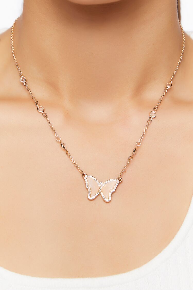 Forever 21 Women's Rhinestone Butterfly Necklace Pink/Gold
