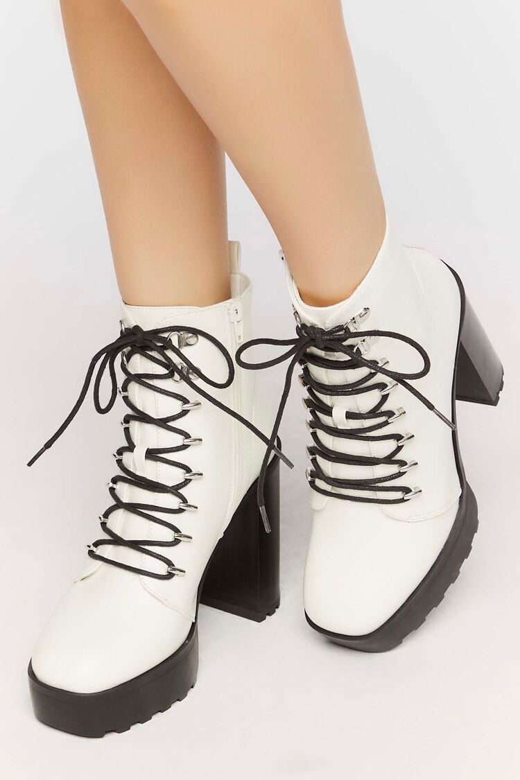 Forever 21 Women's Faux Leather/Pleather Lace-Up Booties White