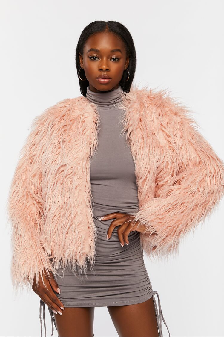 Forever 21 Women's Faux Fur Open-Front Coat Blush