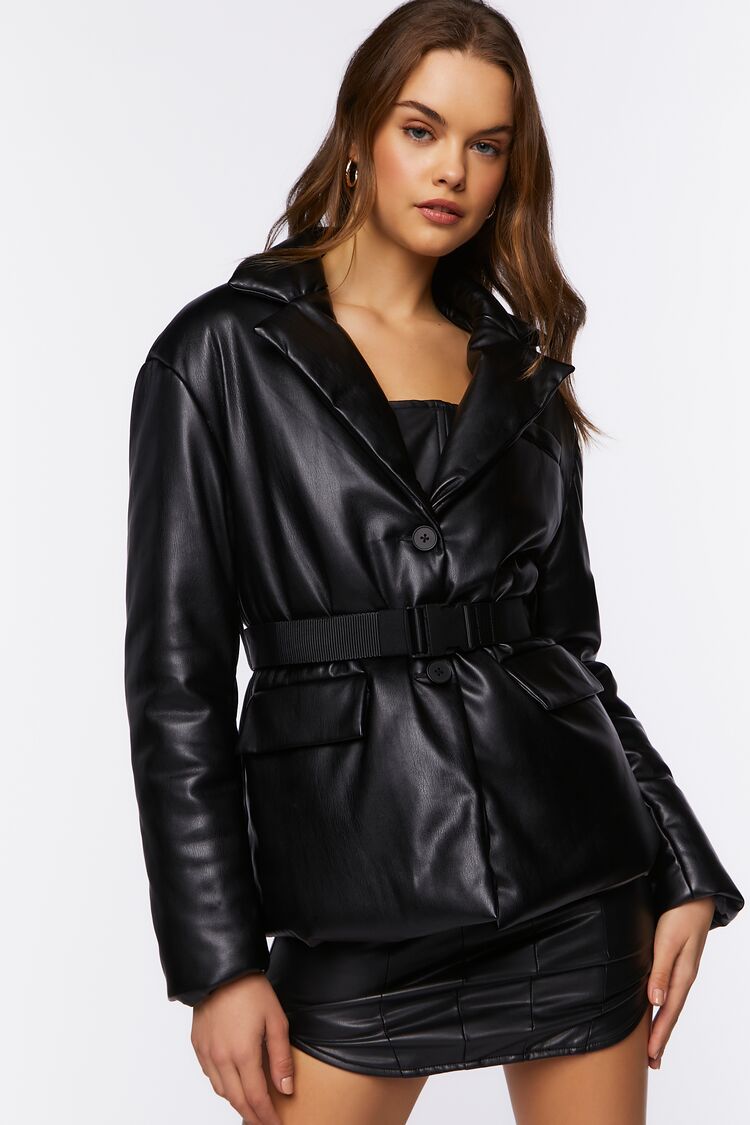 Forever 21 Women's Faux Leather/Pleather Belted Jacket Black