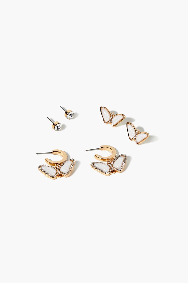 Forever 21 Women's Butterfly Hoop & Stud Earring Set White/Gold