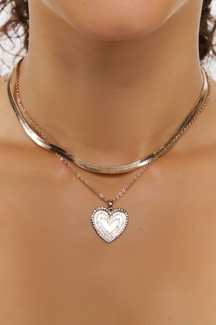 Forever 21 Women's Heart Pendant Layered Necklace Clear/Gold