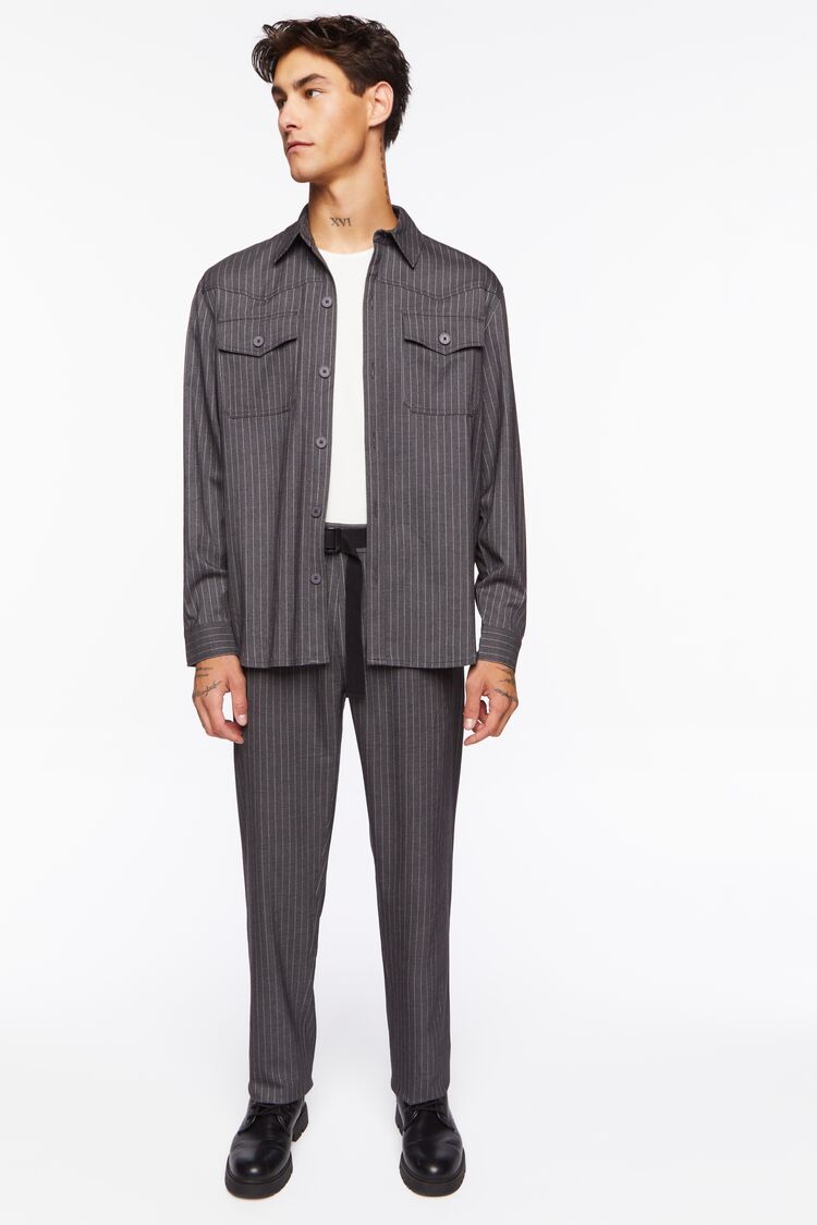 Forever 21 Men's Pinstriped Belted Trousers Charcoal/White
