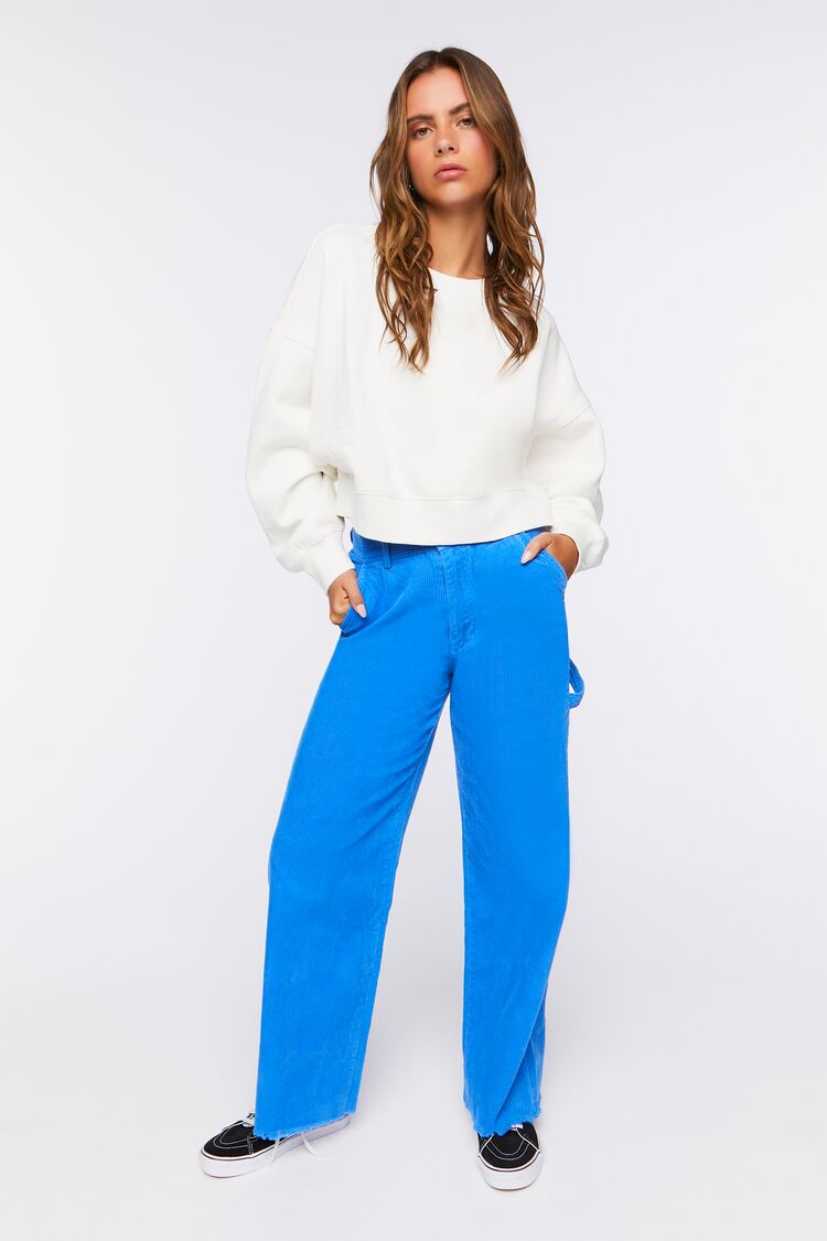 Forever 21 Women's Frayed Corduroy Mid-Rise Pants Blue Jewel