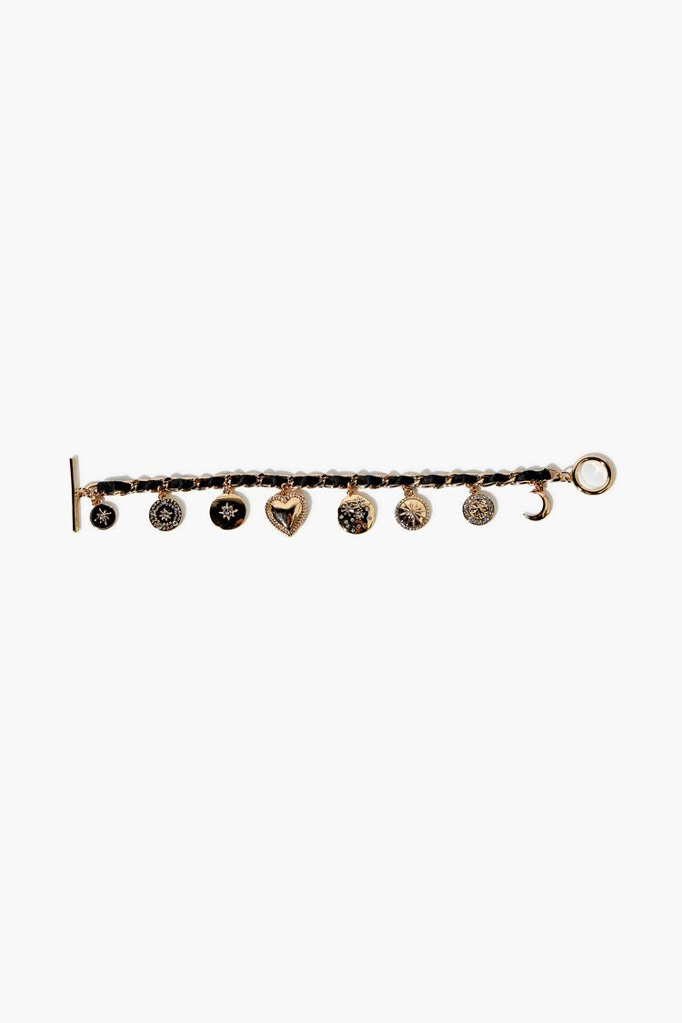 Forever 21 Women's Ribbon-Chain Charm Bracelet Black/Gold