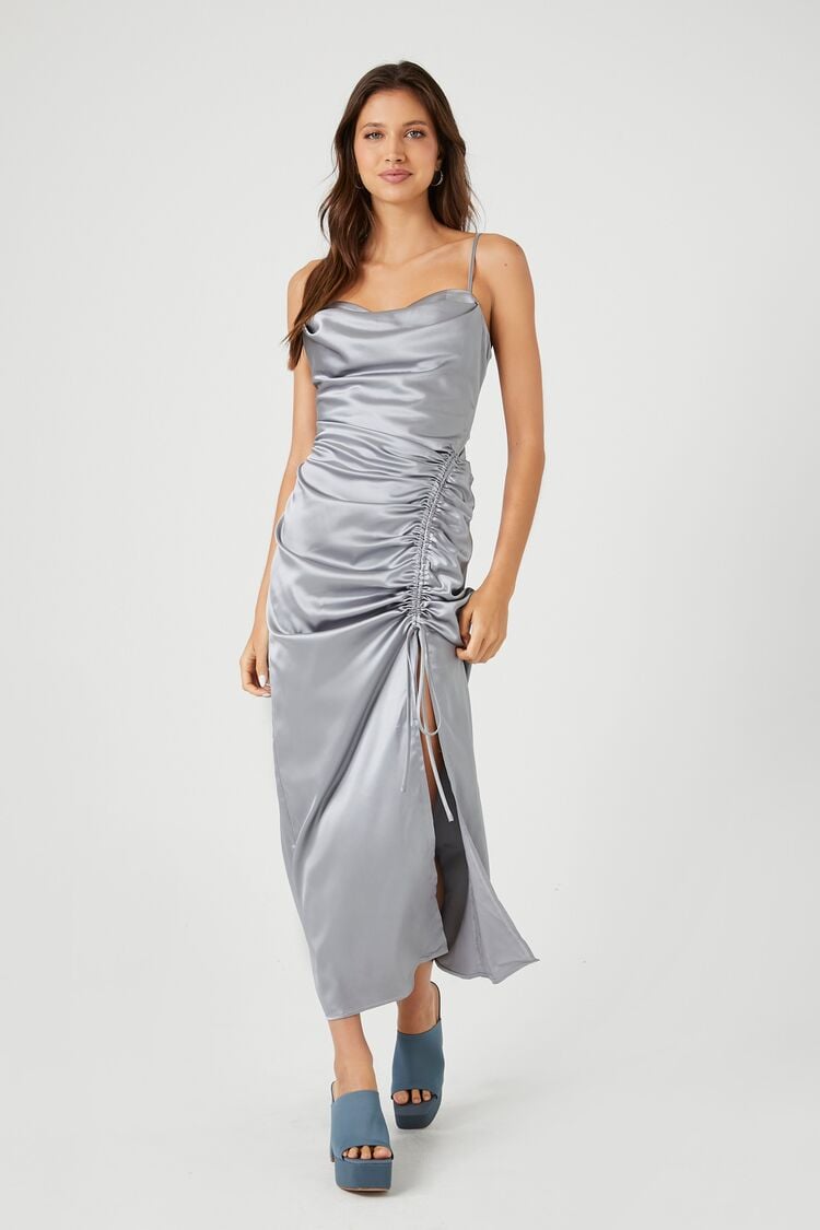 Forever 21 Women's Satin Ruched Midi Spring/Summer Dress Silver