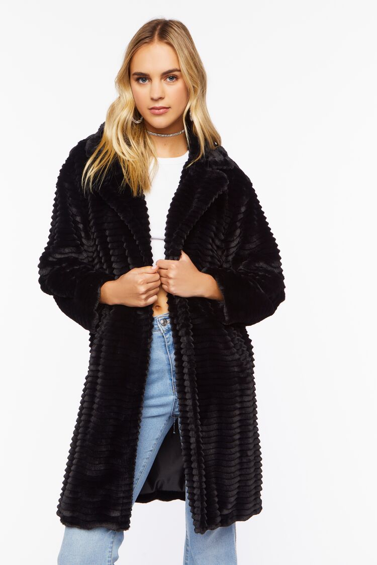 Forever 21 Women's Ribbed Faux Fur Longline Coat Black