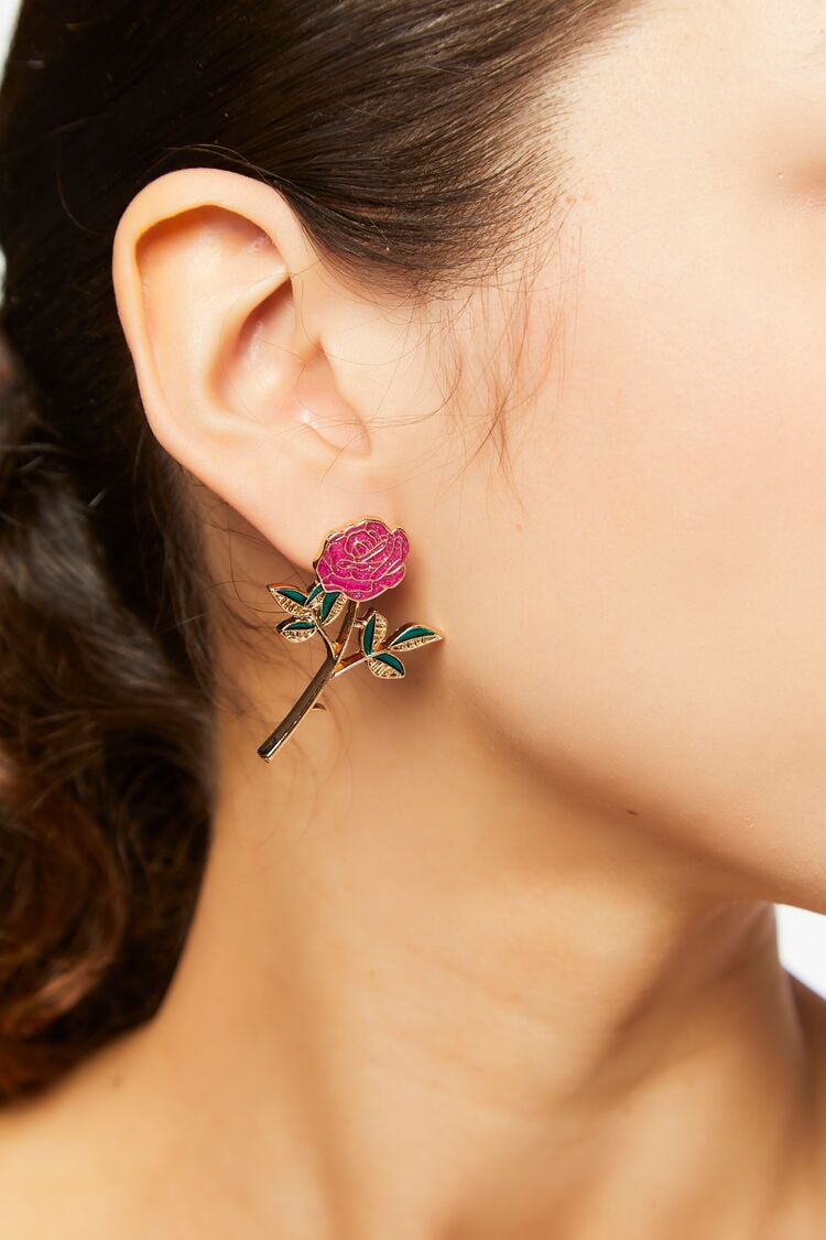 Forever 21 Women's Rose Drop Earrings Gold/Pink