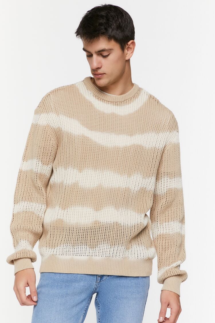 Forever 21 Knit Men's Tie-Dye Striped Sweater Taupe/Cream