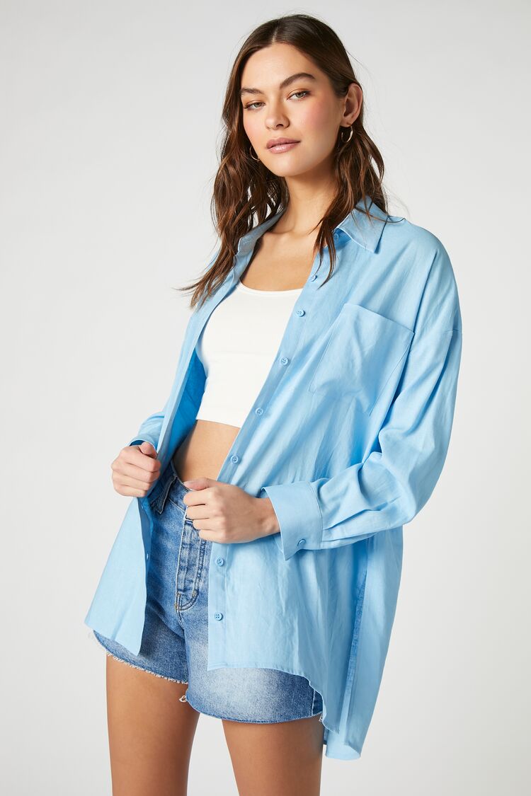 Forever 21 Women's Linen-Blend Oversized Shirt Blue