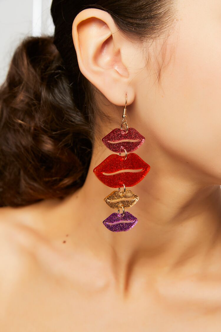 Forever 21 Women's Glitter Lips Drop Earrings Gold/Pink