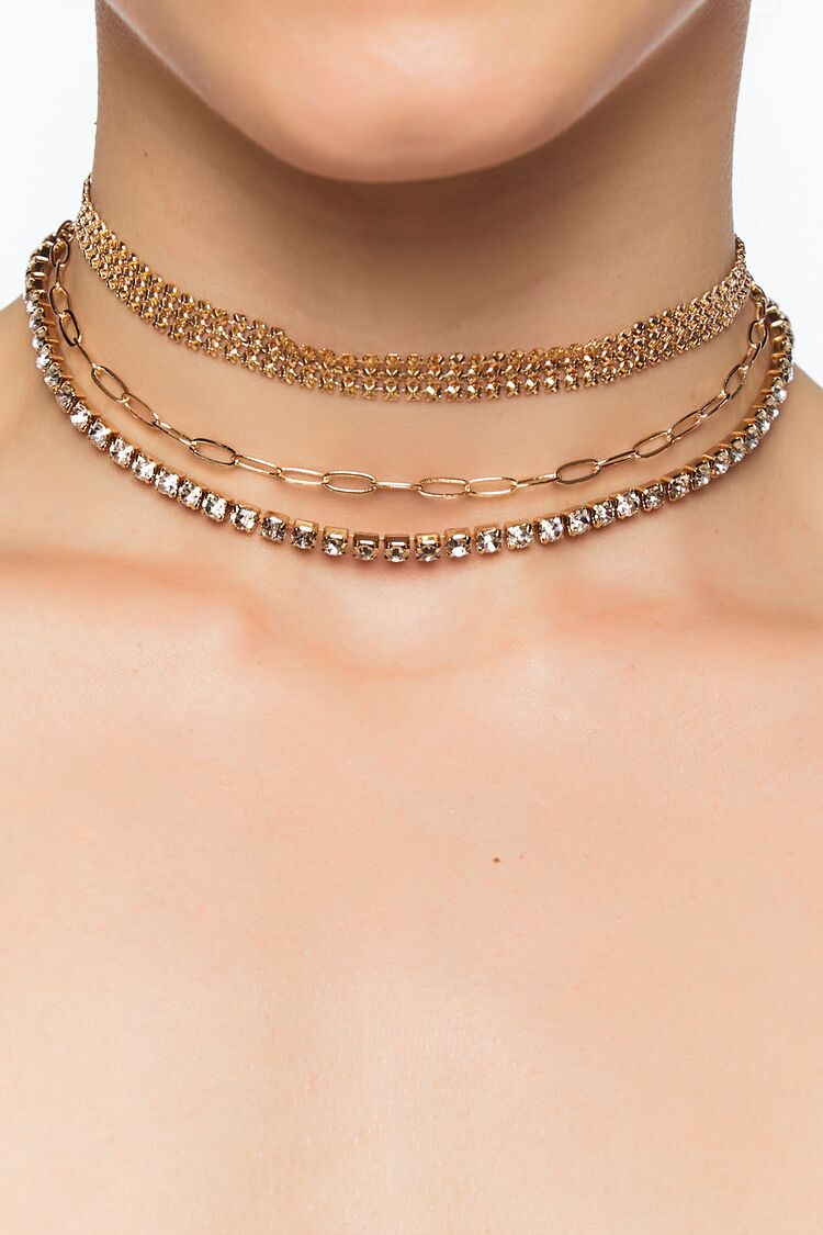 Forever 21 Women's Rhinestone Chain Choker Necklace Set Gold