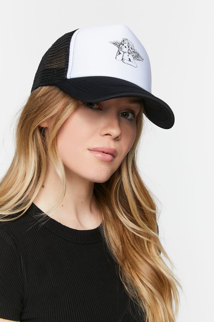 Forever 21 Women's Cherub Graphic Trucker Hat Black/White