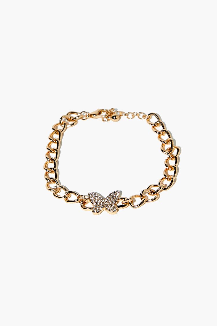 Forever 21 Women's Rhinestone Butterfly Chain Bracelet Gold
