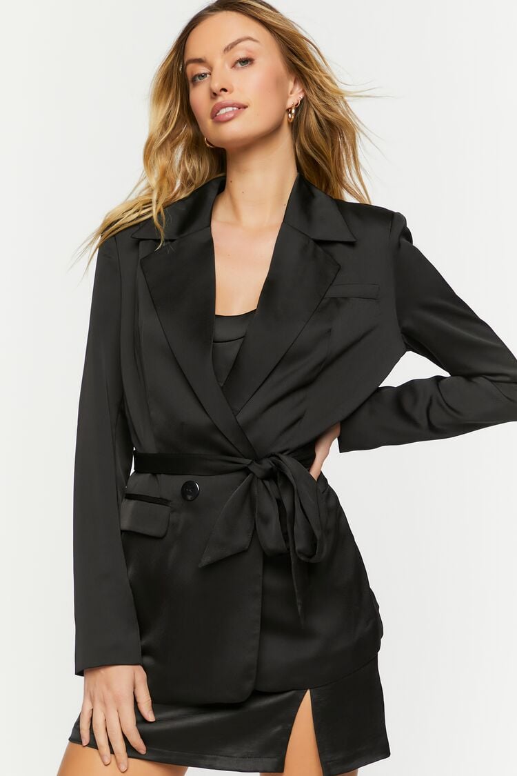 Forever 21 Women's Satin Belted Double-Breasted Blazer Black