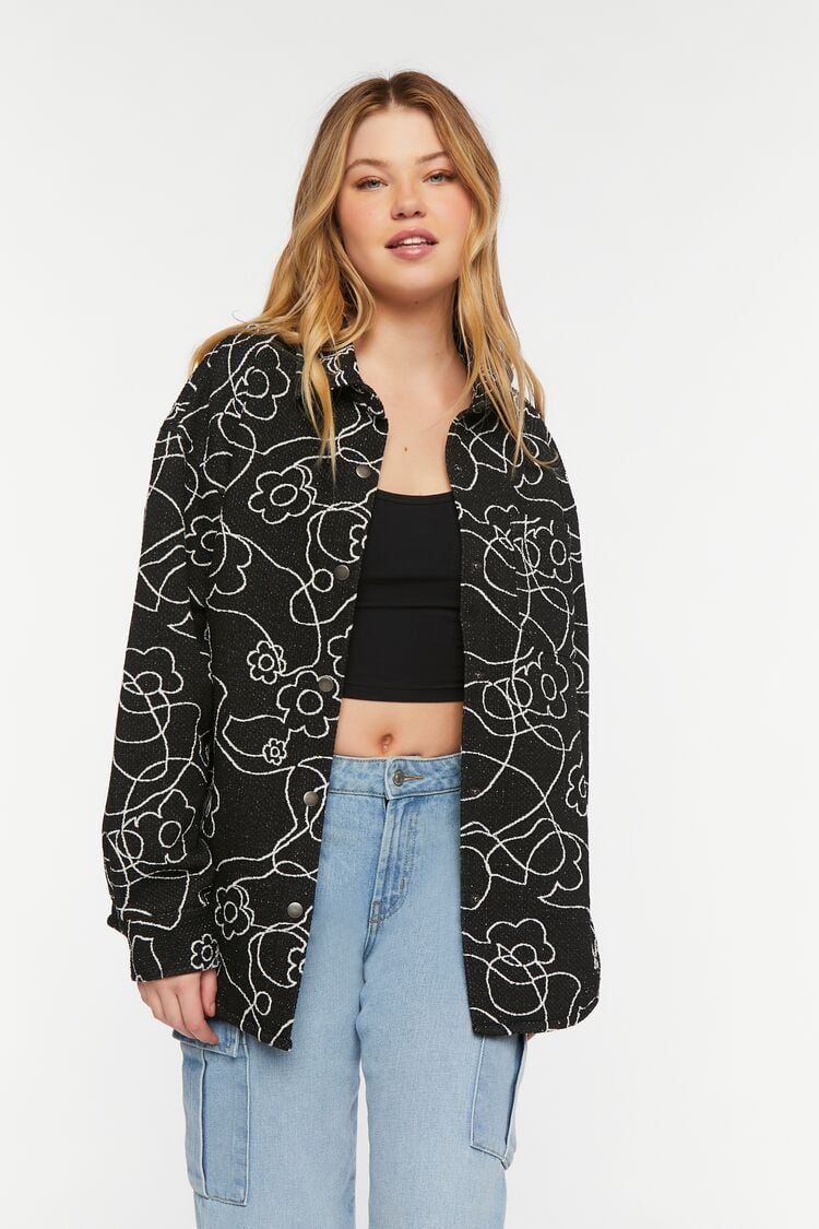 Forever 21 Women's Abstract Floral Print Jacquard Shacket Black/Cream