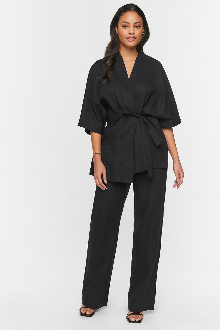 Forever 21 Women's Linen Belted Kimono & Pants Set Black