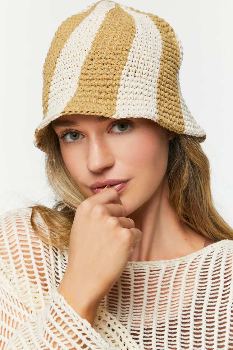 Forever 21 Women's Striped Crochet Bucket Hat Cream/Tan