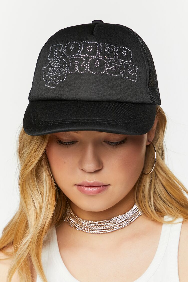 Forever 21 Women's Rhinestone Rodeo Rose Trucker Hat Black/Silver