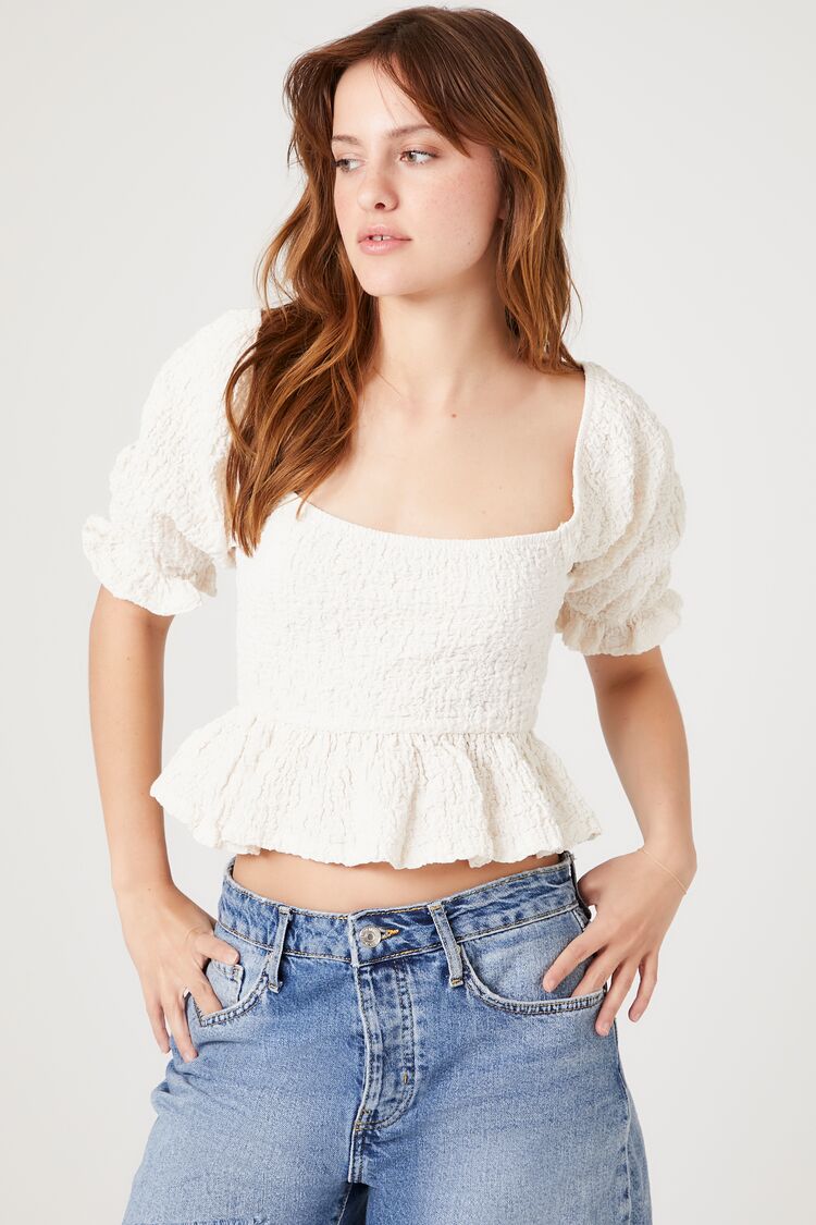 Forever 21 Women's Crinkled Puff-Sleeve Crop Top Vanilla