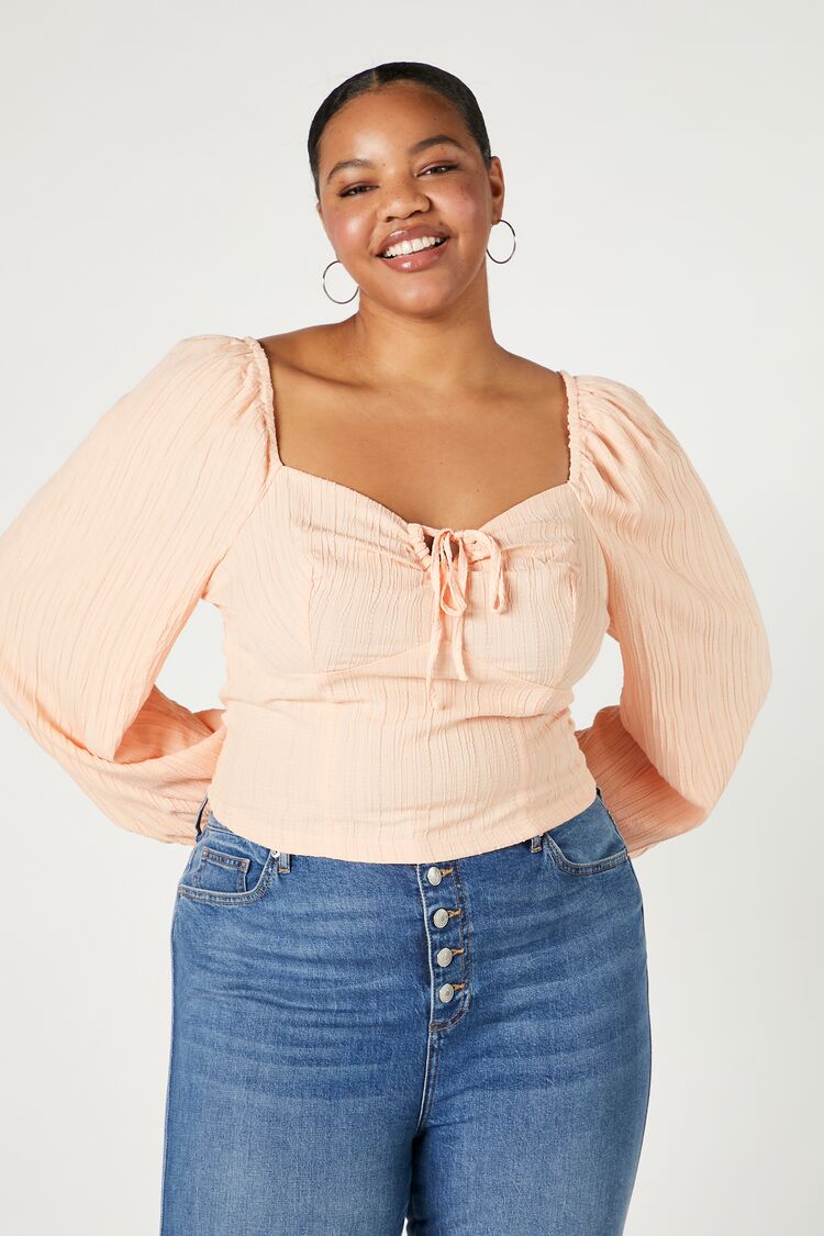 Forever 21 Plus Women's Puff-Sleeve Sweetheart Top Pale Peach