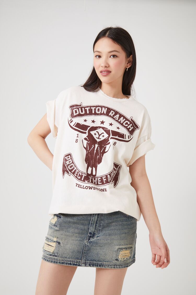Forever 21 Women's Oversized Dutton Ranch Graphic T-Shirt Cream/Multi