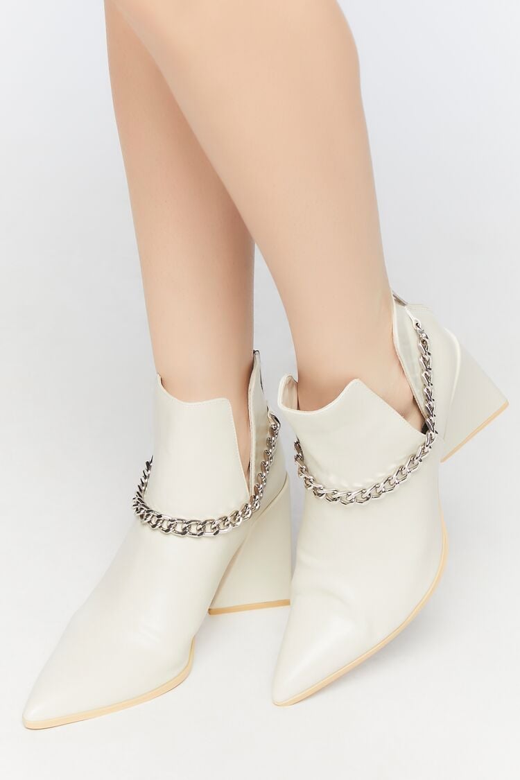 Forever 21 Women's Pointed Curb Chain Flare Heel Booties White