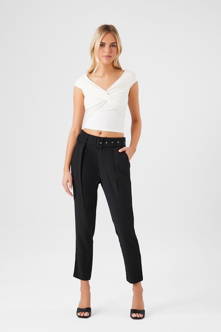 Forever 21 Women's Belted Straight-Leg Cropped Pants Black