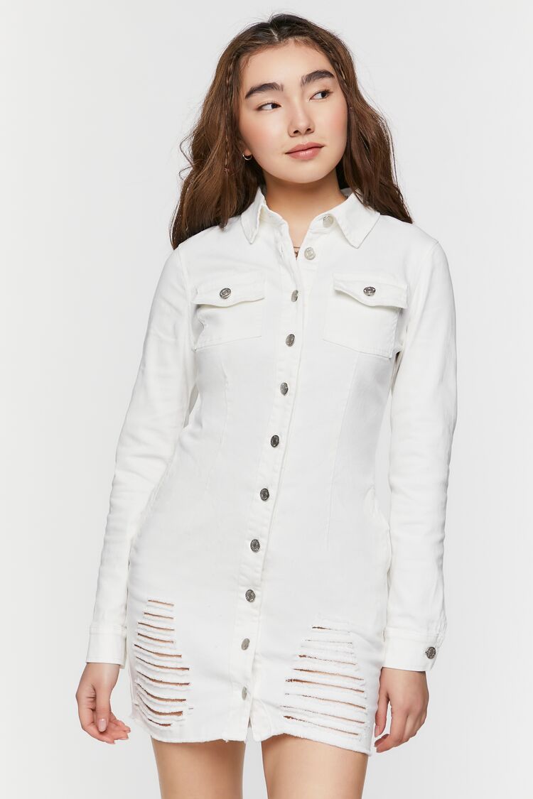 Forever 21 Women's Distressed Denim Mini Shirt Dress White
